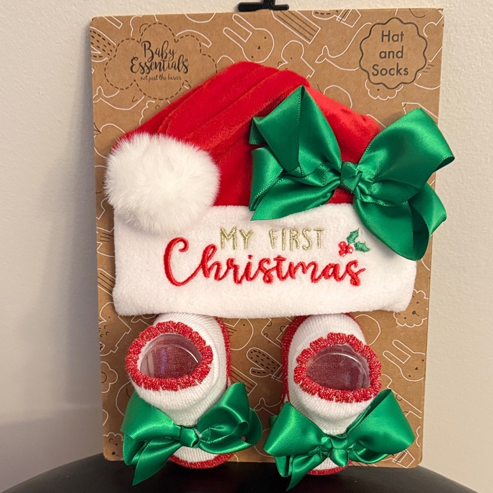 Baby’s First Christmas Hat and Socks Set.  Brand new!